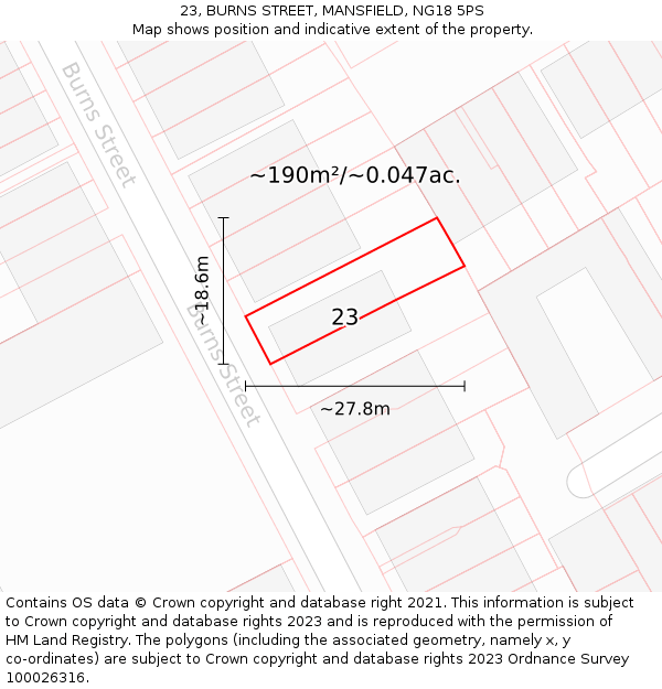 23, BURNS STREET, MANSFIELD, NG18 5PS: Plot and title map