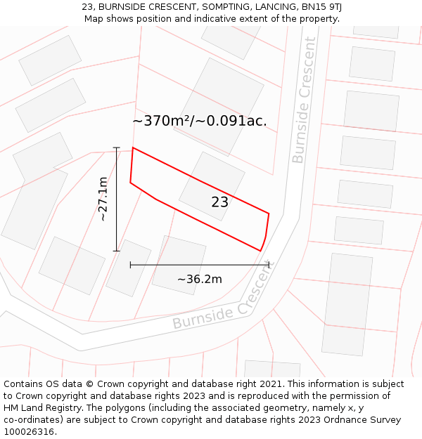 23, BURNSIDE CRESCENT, SOMPTING, LANCING, BN15 9TJ: Plot and title map
