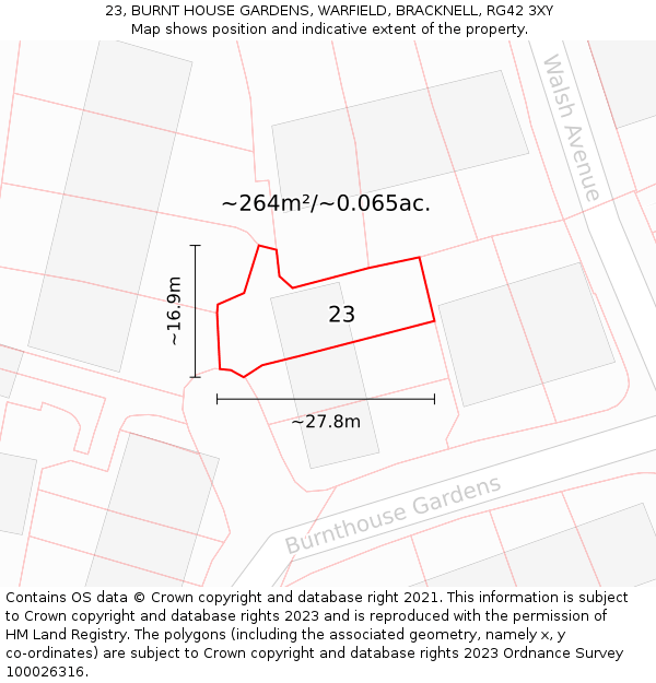 23, BURNT HOUSE GARDENS, WARFIELD, BRACKNELL, RG42 3XY: Plot and title map