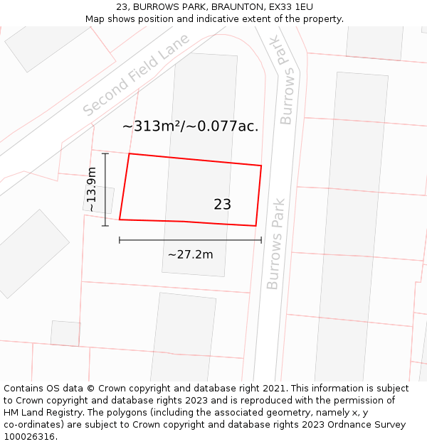 23, BURROWS PARK, BRAUNTON, EX33 1EU: Plot and title map