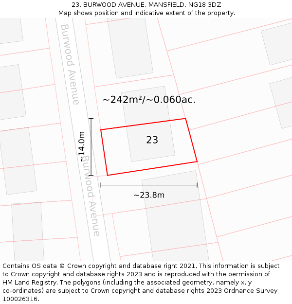 23, BURWOOD AVENUE, MANSFIELD, NG18 3DZ: Plot and title map