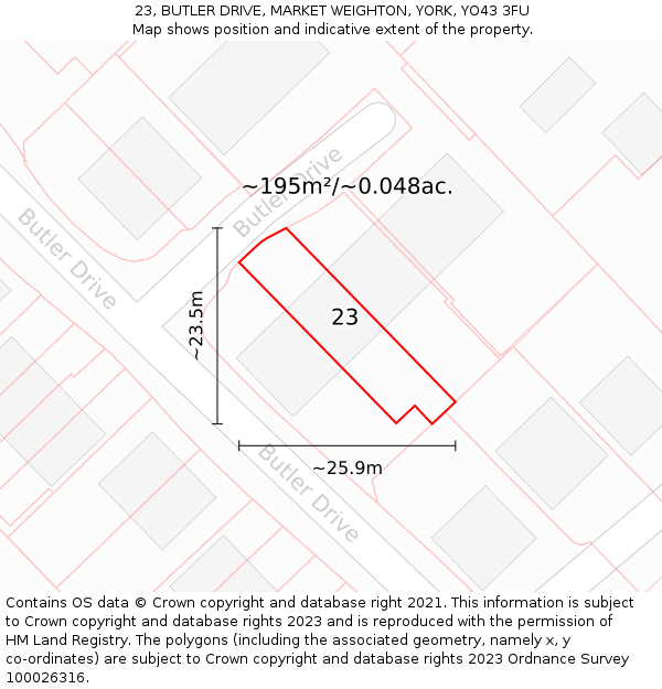 23, BUTLER DRIVE, MARKET WEIGHTON, YORK, YO43 3FU: Plot and title map