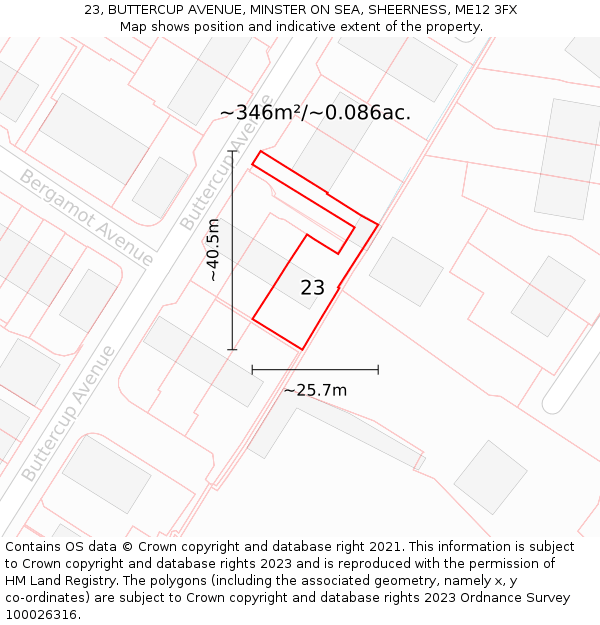 23, BUTTERCUP AVENUE, MINSTER ON SEA, SHEERNESS, ME12 3FX: Plot and title map