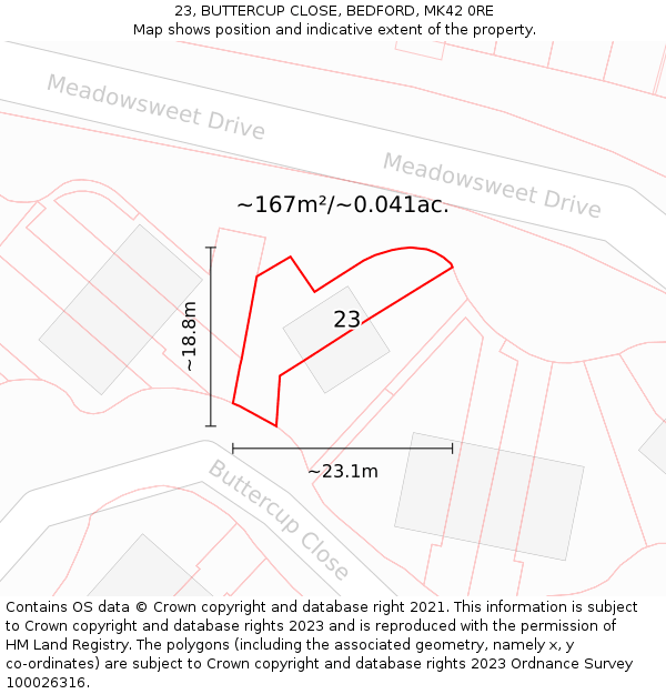 23, BUTTERCUP CLOSE, BEDFORD, MK42 0RE: Plot and title map