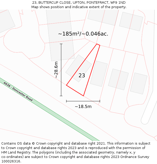 23, BUTTERCUP CLOSE, UPTON, PONTEFRACT, WF9 1ND: Plot and title map