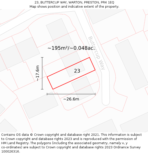 23, BUTTERCUP WAY, WARTON, PRESTON, PR4 1EQ: Plot and title map