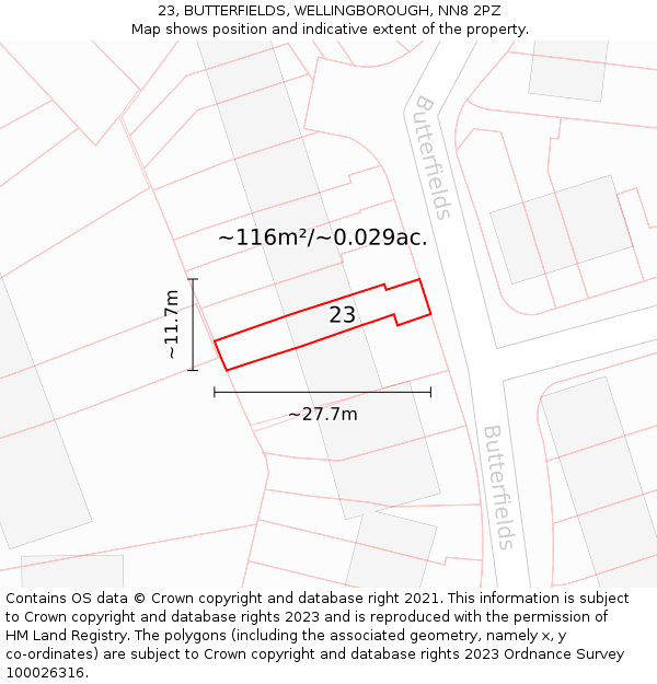 23, BUTTERFIELDS, WELLINGBOROUGH, NN8 2PZ: Plot and title map