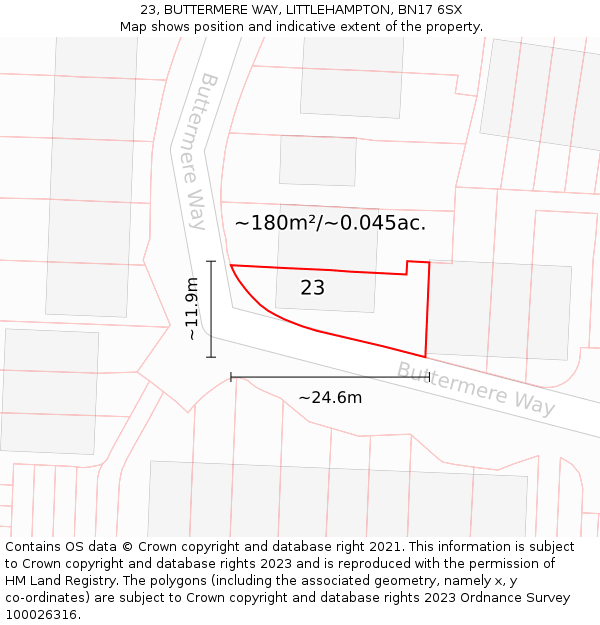 23, BUTTERMERE WAY, LITTLEHAMPTON, BN17 6SX: Plot and title map