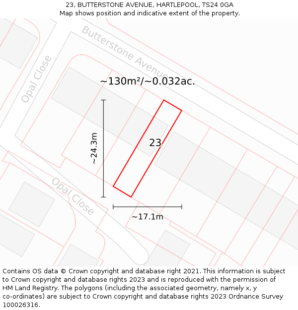 23, BUTTERSTONE AVENUE, HARTLEPOOL, TS24 0GA: Plot and title map