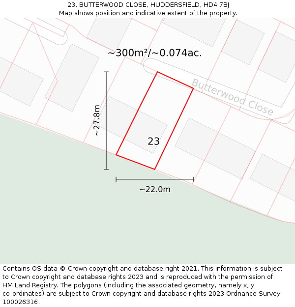 23, BUTTERWOOD CLOSE, HUDDERSFIELD, HD4 7BJ: Plot and title map