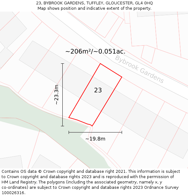 23, BYBROOK GARDENS, TUFFLEY, GLOUCESTER, GL4 0HQ: Plot and title map
