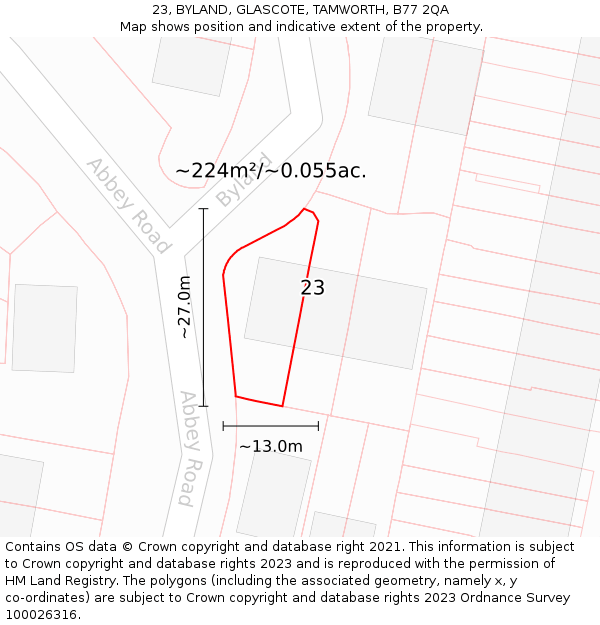 23, BYLAND, GLASCOTE, TAMWORTH, B77 2QA: Plot and title map