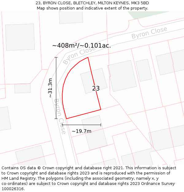23, BYRON CLOSE, BLETCHLEY, MILTON KEYNES, MK3 5BD: Plot and title map