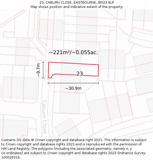 23, CABURN CLOSE, EASTBOURNE, BN23 8LP: Plot and title map