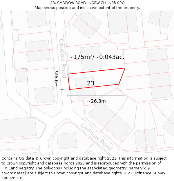 23, CADDOW ROAD, NORWICH, NR5 9PQ: Plot and title map