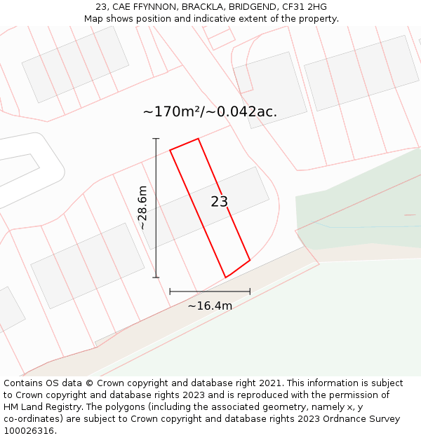 23, CAE FFYNNON, BRACKLA, BRIDGEND, CF31 2HG: Plot and title map