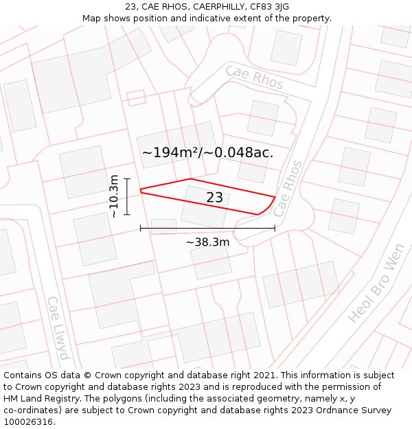 23, CAE RHOS, CAERPHILLY, CF83 3JG: Plot and title map