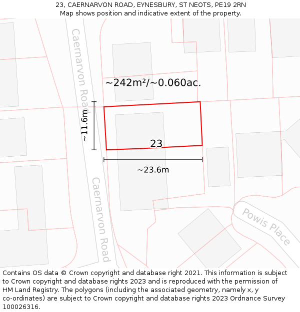 23, CAERNARVON ROAD, EYNESBURY, ST NEOTS, PE19 2RN: Plot and title map