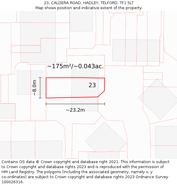 23, CALDERA ROAD, HADLEY, TELFORD, TF1 5LT: Plot and title map