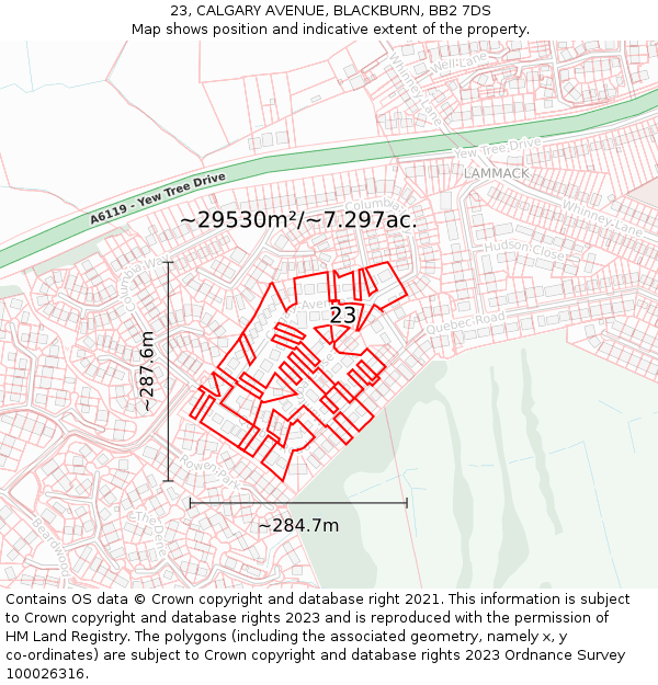 23, CALGARY AVENUE, BLACKBURN, BB2 7DS: Plot and title map