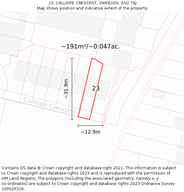 23, CALLIOPE CRESCENT, SWINDON, SN2 7AJ: Plot and title map