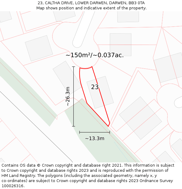 23, CALTHA DRIVE, LOWER DARWEN, DARWEN, BB3 0TA: Plot and title map
