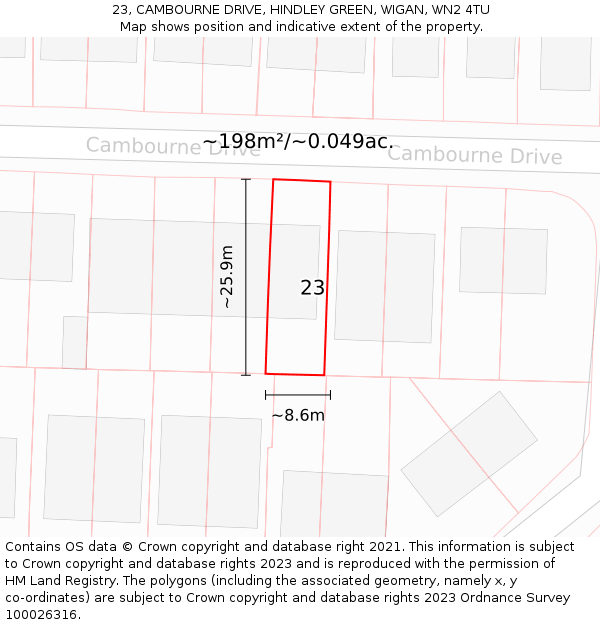 23, CAMBOURNE DRIVE, HINDLEY GREEN, WIGAN, WN2 4TU: Plot and title map