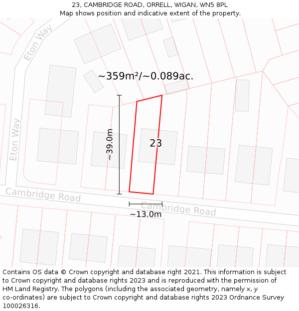 23, CAMBRIDGE ROAD, ORRELL, WIGAN, WN5 8PL: Plot and title map