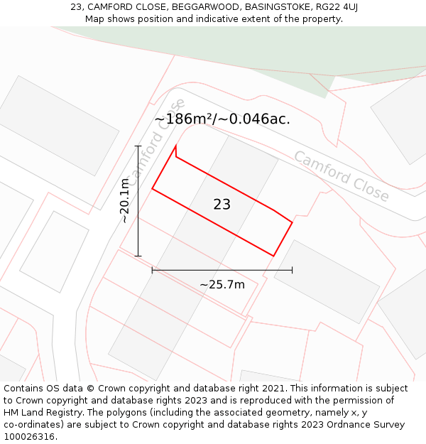 23, CAMFORD CLOSE, BEGGARWOOD, BASINGSTOKE, RG22 4UJ: Plot and title map