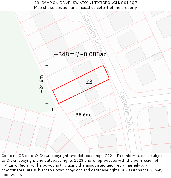 23, CAMPION DRIVE, SWINTON, MEXBOROUGH, S64 8QZ: Plot and title map
