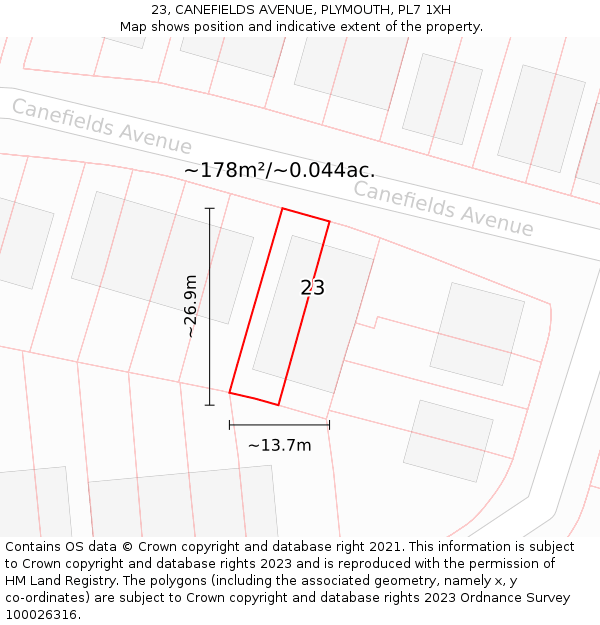 23, CANEFIELDS AVENUE, PLYMOUTH, PL7 1XH: Plot and title map
