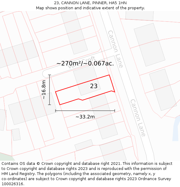 23, CANNON LANE, PINNER, HA5 1HN: Plot and title map