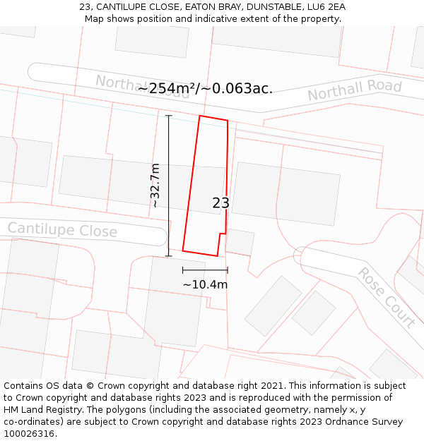 23, CANTILUPE CLOSE, EATON BRAY, DUNSTABLE, LU6 2EA: Plot and title map