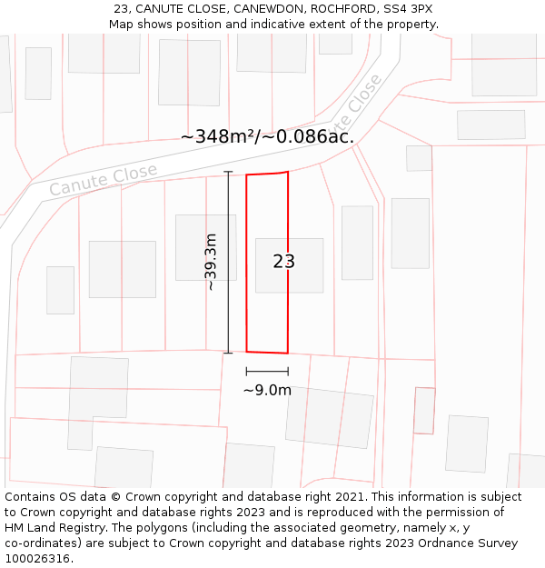 23, CANUTE CLOSE, CANEWDON, ROCHFORD, SS4 3PX: Plot and title map