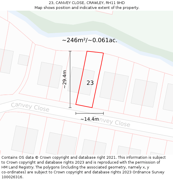 23, CANVEY CLOSE, CRAWLEY, RH11 9HD: Plot and title map