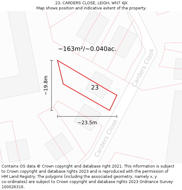 23, CARDERS CLOSE, LEIGH, WN7 4JX: Plot and title map