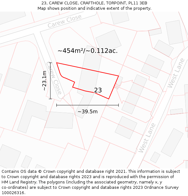 23, CAREW CLOSE, CRAFTHOLE, TORPOINT, PL11 3EB: Plot and title map