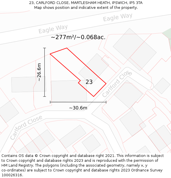 23, CARLFORD CLOSE, MARTLESHAM HEATH, IPSWICH, IP5 3TA: Plot and title map