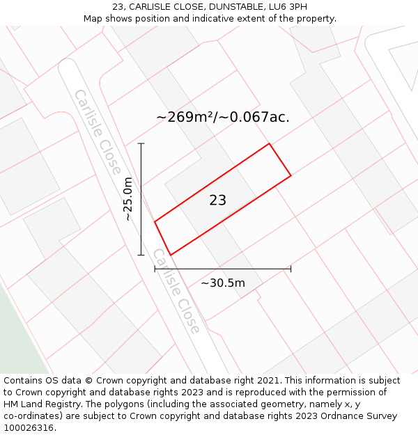 23, CARLISLE CLOSE, DUNSTABLE, LU6 3PH: Plot and title map