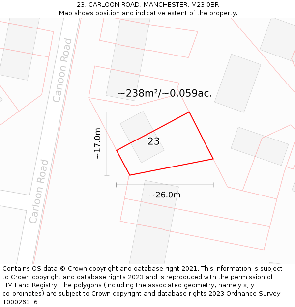 23, CARLOON ROAD, MANCHESTER, M23 0BR: Plot and title map