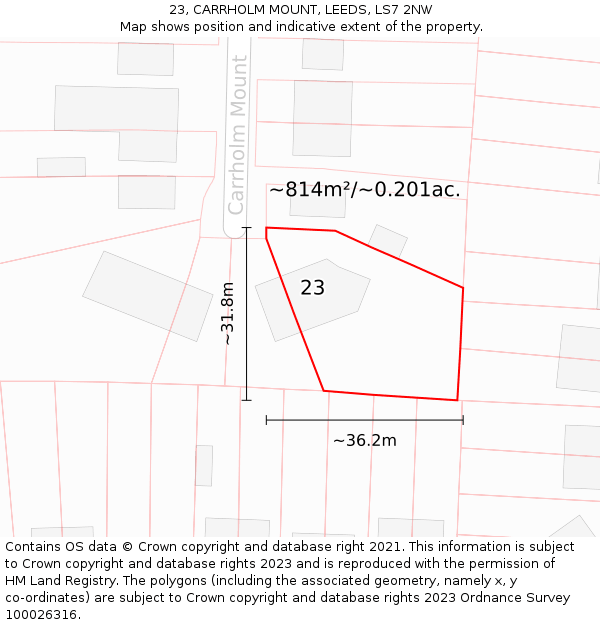 23, CARRHOLM MOUNT, LEEDS, LS7 2NW: Plot and title map