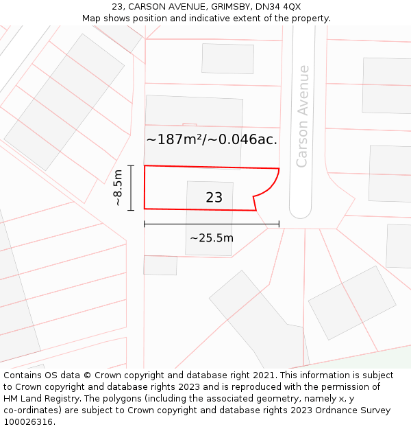 23, CARSON AVENUE, GRIMSBY, DN34 4QX: Plot and title map