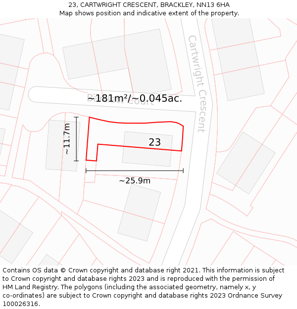 23, CARTWRIGHT CRESCENT, BRACKLEY, NN13 6HA: Plot and title map