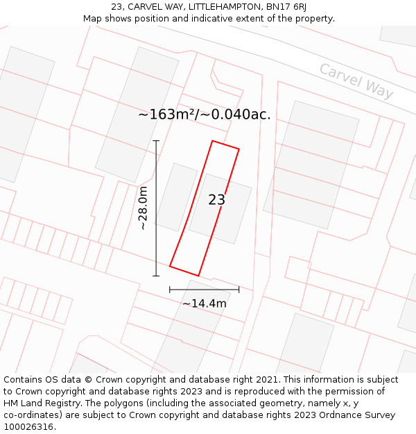 23, CARVEL WAY, LITTLEHAMPTON, BN17 6RJ: Plot and title map