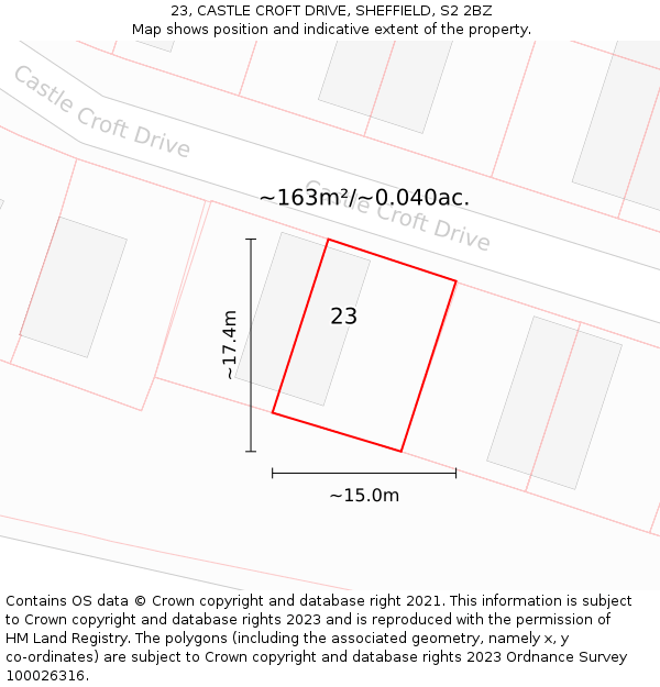 23, CASTLE CROFT DRIVE, SHEFFIELD, S2 2BZ: Plot and title map