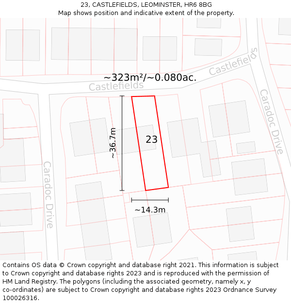 23, CASTLEFIELDS, LEOMINSTER, HR6 8BG: Plot and title map