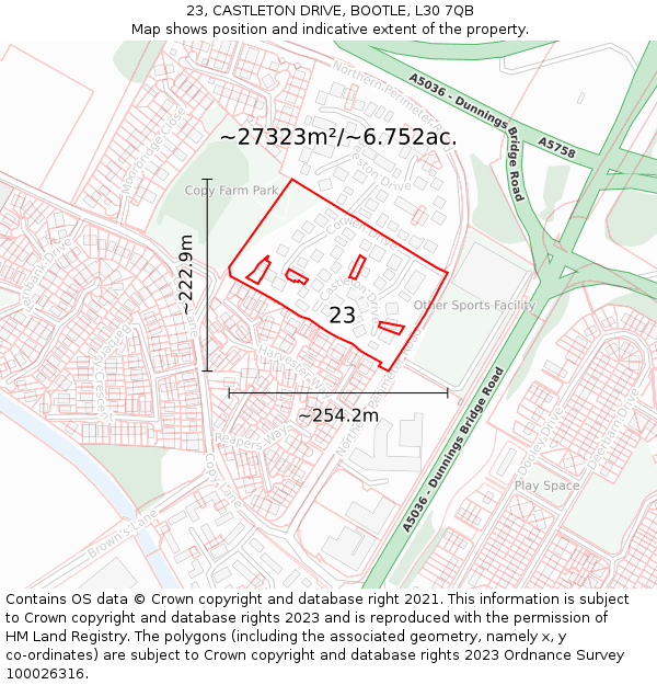 23, CASTLETON DRIVE, BOOTLE, L30 7QB: Plot and title map