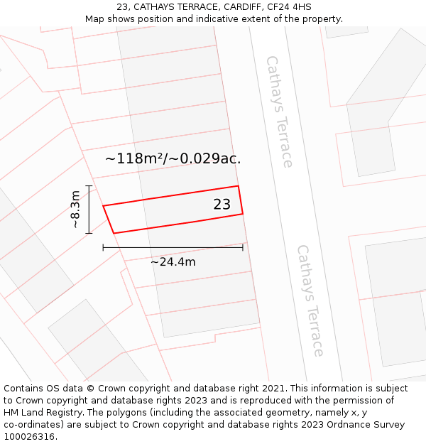 23, CATHAYS TERRACE, CARDIFF, CF24 4HS: Plot and title map