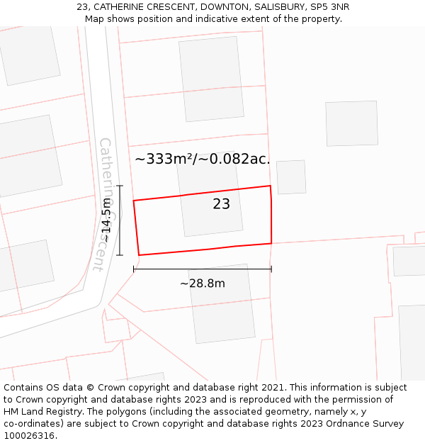 23, CATHERINE CRESCENT, DOWNTON, SALISBURY, SP5 3NR: Plot and title map