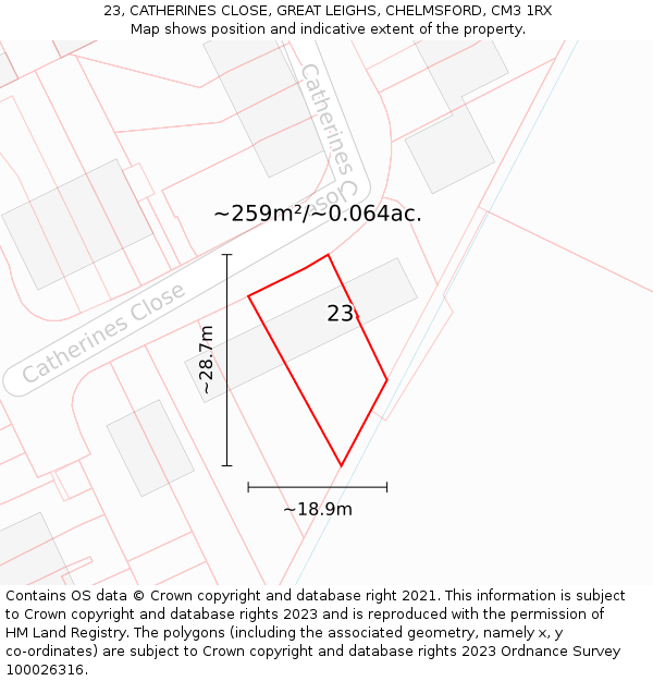 23, CATHERINES CLOSE, GREAT LEIGHS, CHELMSFORD, CM3 1RX: Plot and title map
